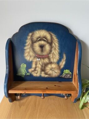 Vintage Hand-Painted Puppy Wall Shelf With Hanging Pegs Signed